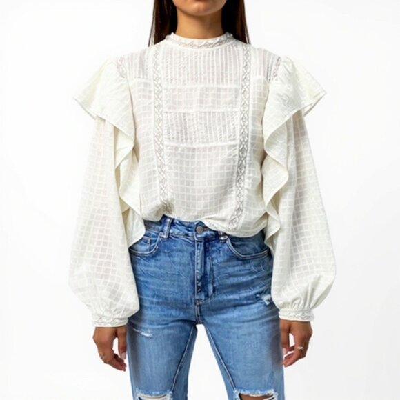 Zara Lace Cotton Blouse: Women's Romantic Peasant Top with Balloon Sleeves - Picture 2 of 12
